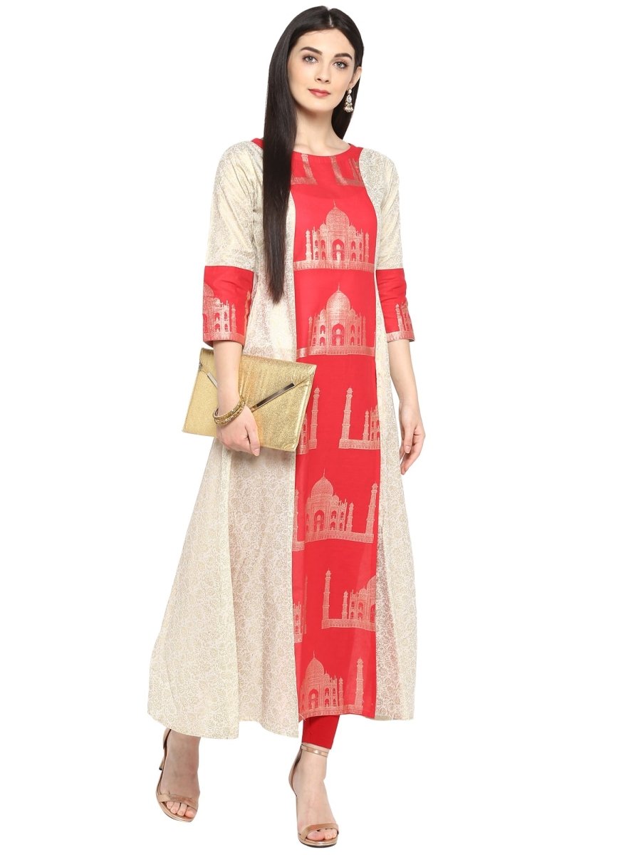 Ahalyaa Taj Mahal Print and Brocade Look Off White & Red Kurta | Grocsy