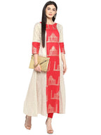 Ahalyaa Taj Mahal Print and Brocade Look Off White & Red Kurta | Grocsy