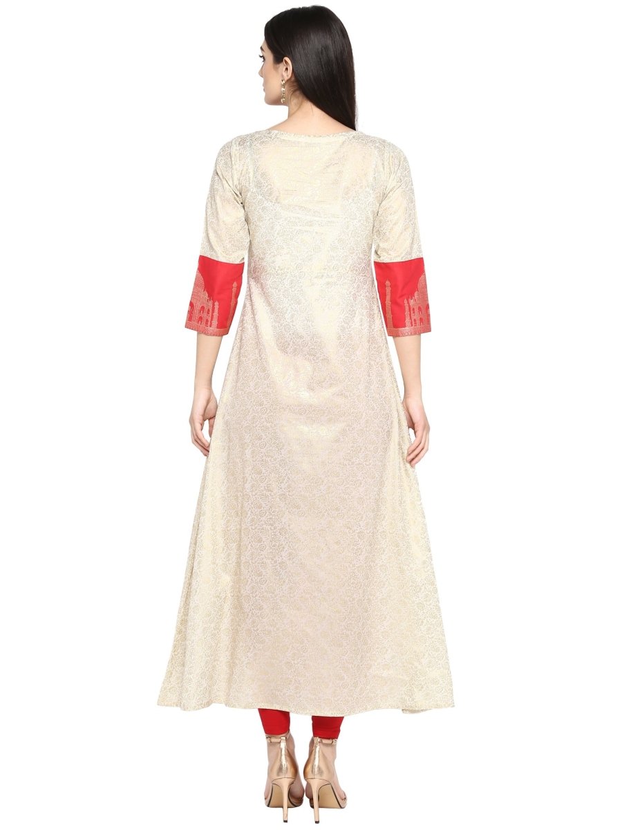 Ahalyaa Taj Mahal Print and Brocade Look Off White & Red Kurta | Grocsy