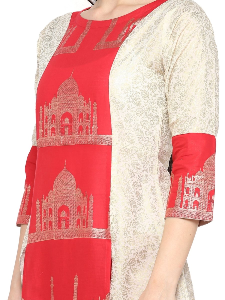 Ahalyaa Taj Mahal Print and Brocade Look Off White & Red Kurta | Grocsy