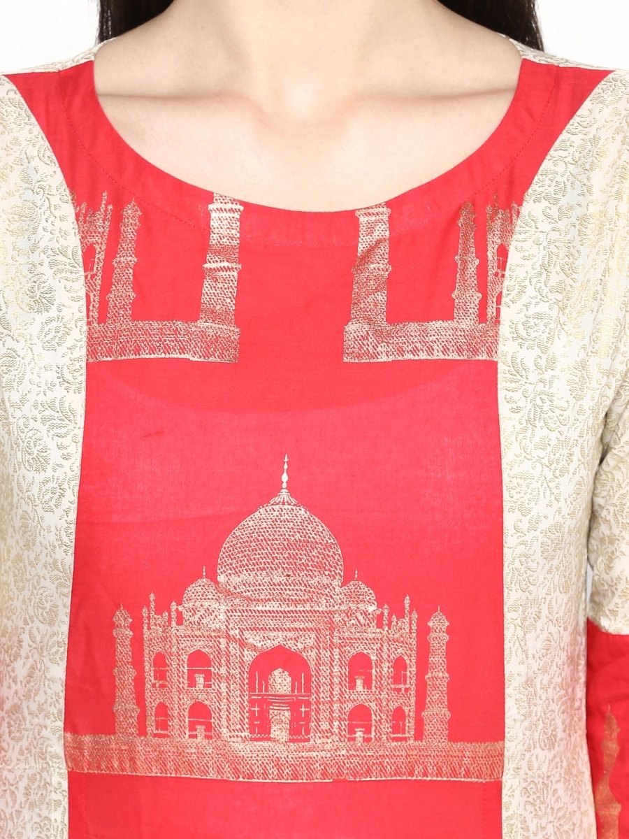 Ahalyaa Taj Mahal Print and Brocade Look Off White & Red Kurta | Grocsy