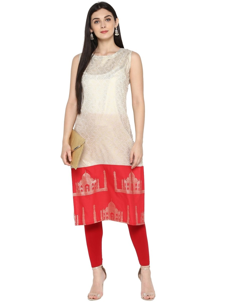 Ahalyaa Off White & Red Metallic Printed Straight Cotton Blend Kurta | Grocsy