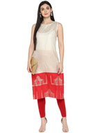 Ahalyaa Off White & Red Metallic Printed Straight Cotton Blend Kurta | Grocsy