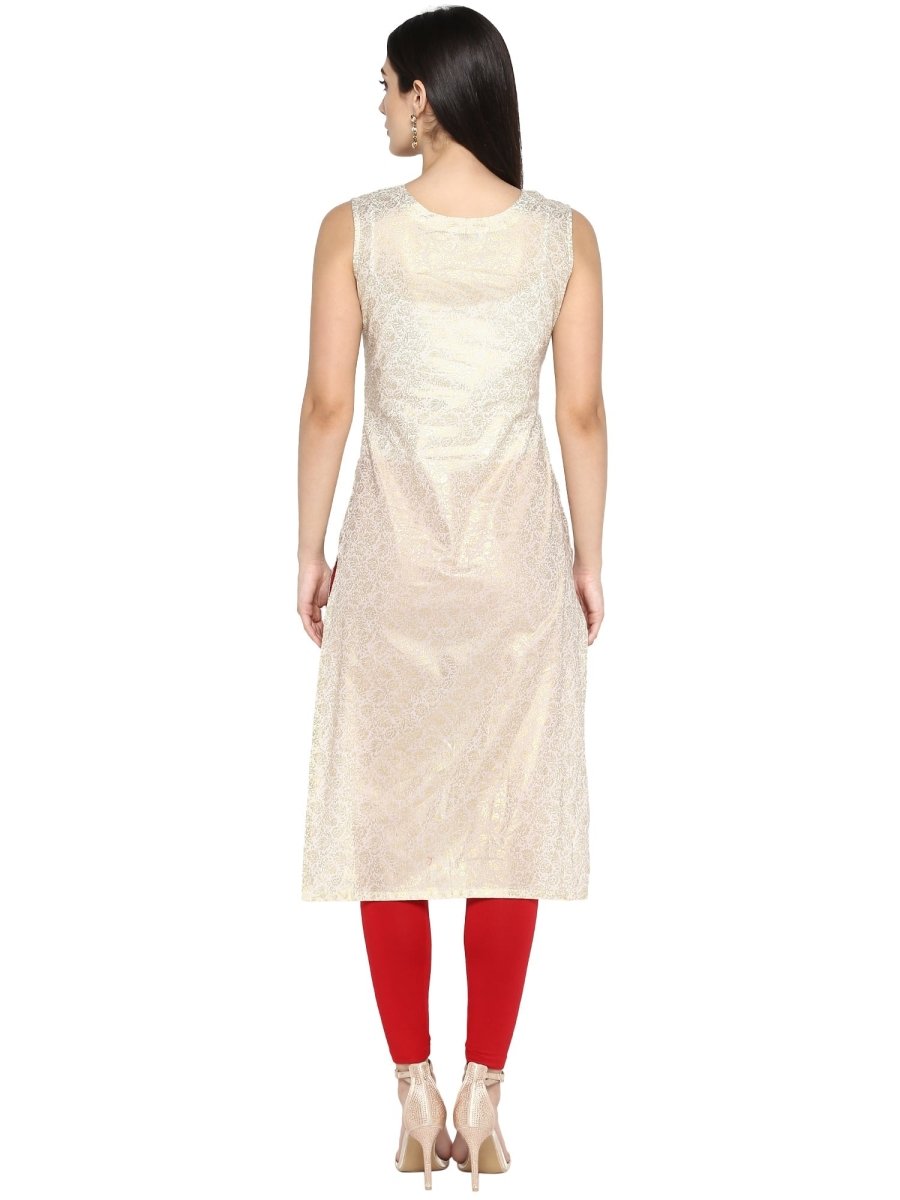 Ahalyaa Off White & Red Metallic Printed Straight Cotton Blend Kurta | Grocsy