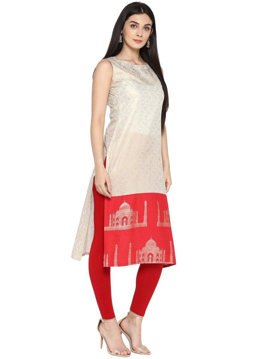 Ahalyaa Off White & Red Metallic Printed Straight Cotton Blend Kurta | Grocsy
