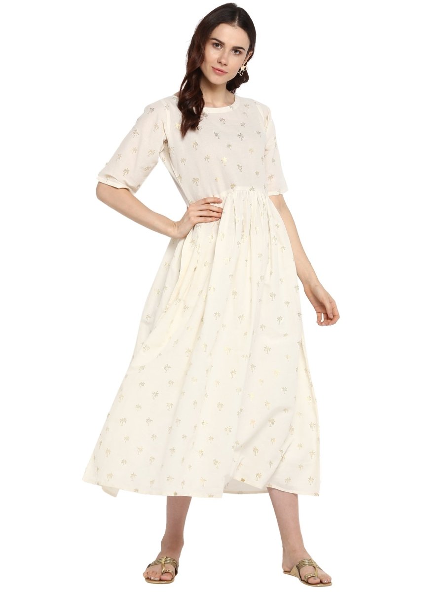 Ahalyaa Women White Printed Fit and Flare Dress | Grocsy