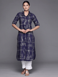 Ahalyaa Women Navy Blue & Silver Printed Pathani Kurta | Grocsy