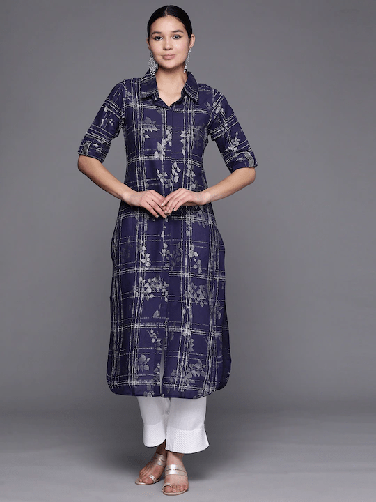 Ahalyaa Women Navy Blue & Silver Printed Pathani Kurta | Grocsy