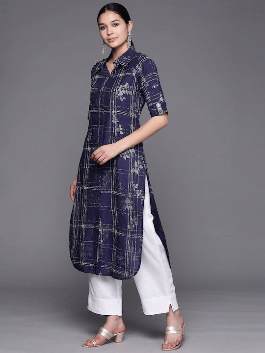 Ahalyaa Women Navy Blue & Silver Printed Pathani Kurta | Grocsy