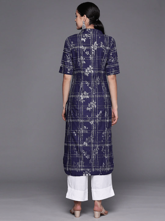 Ahalyaa Women Navy Blue & Silver Printed Pathani Kurta | Grocsy