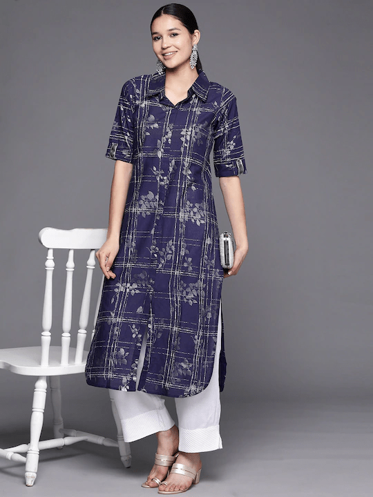 Ahalyaa Women Navy Blue & Silver Printed Pathani Kurta | Grocsy