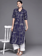 Ahalyaa Women Navy Blue & Silver Printed Pathani Kurta | Grocsy
