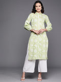 Ahalyaa Floral Printed Zari Mandarin Collar Puff Sleeves Pure Cotton Kurta | Grocsy