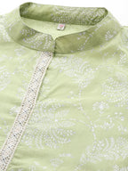 Ahalyaa Floral Printed Zari Mandarin Collar Puff Sleeves Pure Cotton Kurta | Grocsy