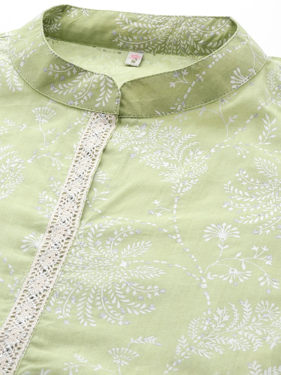 Ahalyaa Floral Printed Zari Mandarin Collar Puff Sleeves Pure Cotton Kurta | Grocsy