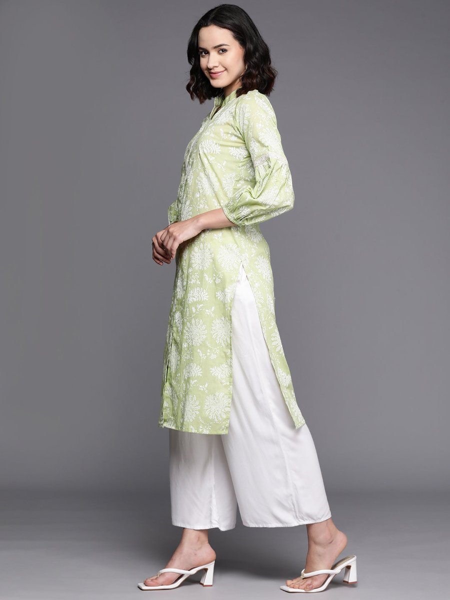 Ahalyaa Floral Printed Zari Mandarin Collar Puff Sleeves Pure Cotton Kurta | Grocsy