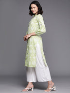Ahalyaa Floral Printed Zari Mandarin Collar Puff Sleeves Pure Cotton Kurta | Grocsy