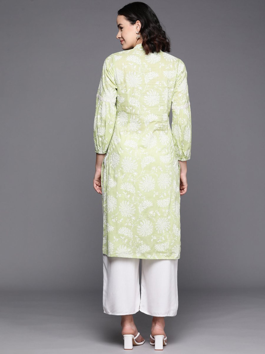 Ahalyaa Floral Printed Zari Mandarin Collar Puff Sleeves Pure Cotton Kurta | Grocsy