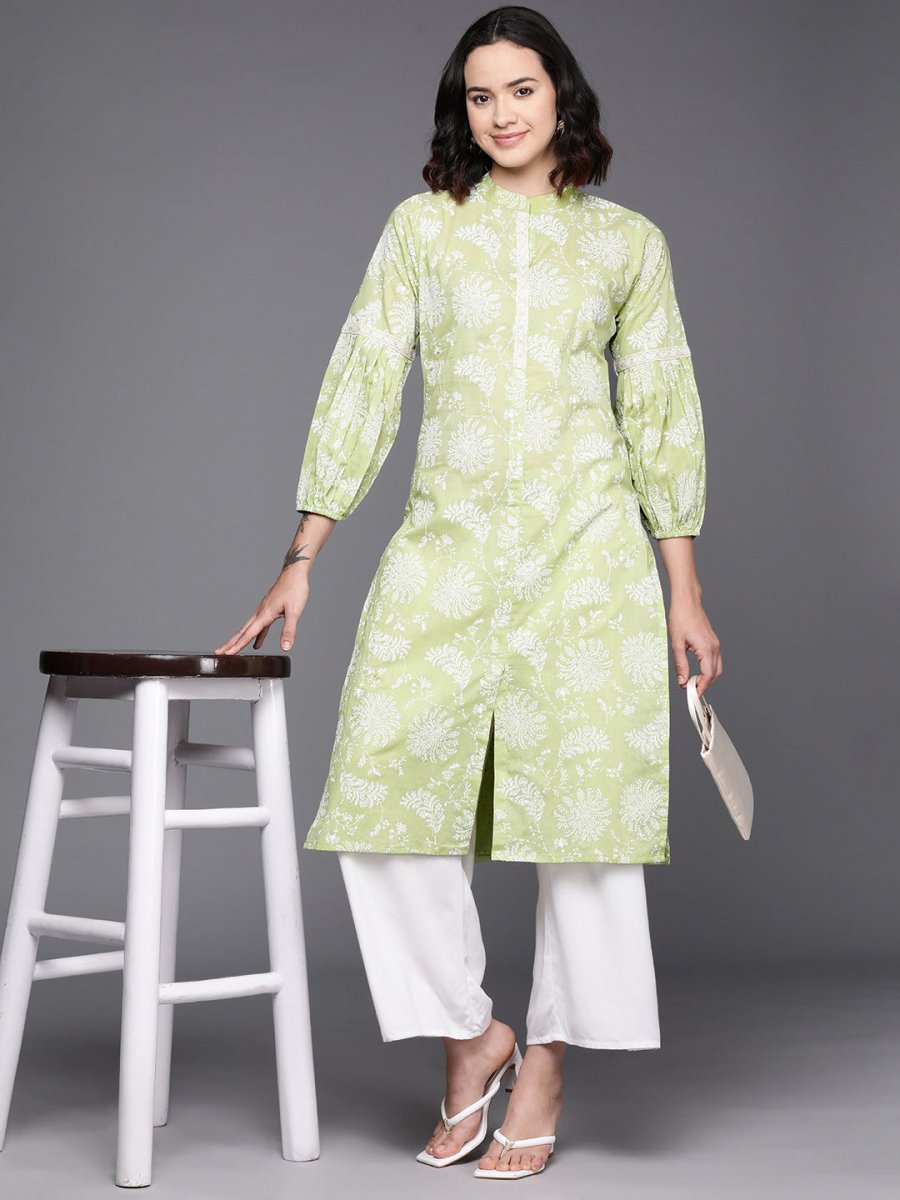 Ahalyaa Floral Printed Zari Mandarin Collar Puff Sleeves Pure Cotton Kurta | Grocsy