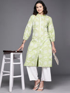 Ahalyaa Floral Printed Zari Mandarin Collar Puff Sleeves Pure Cotton Kurta | Grocsy