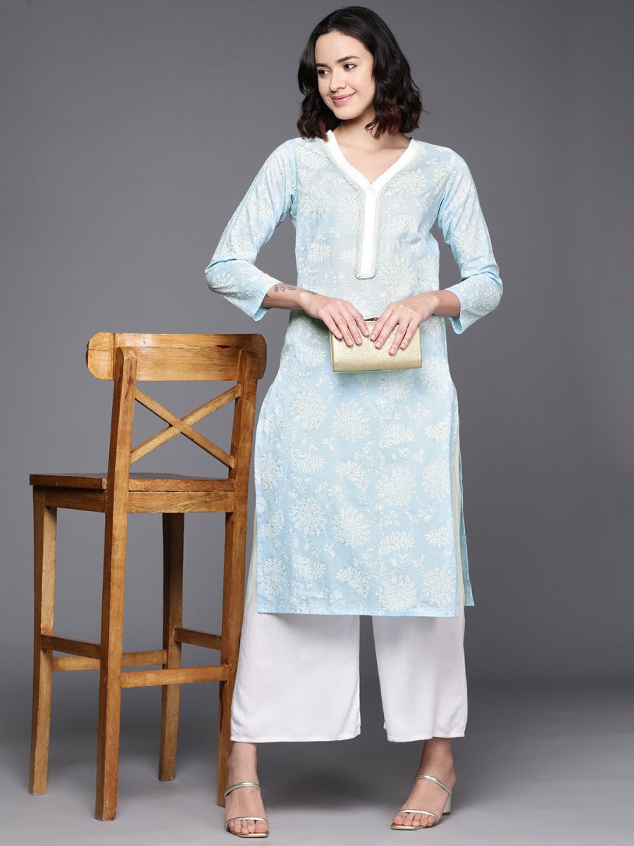 Ahalyaa Floral Printed Zari Pure Cotton Kurta | Grocsy