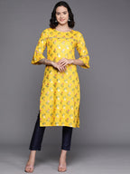 Ahalyaa Floral Printed Zari Bell Sleeves Pure Cotton Kurta | Grocsy