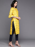 Ahalyaa Floral Printed Zari Bell Sleeves Pure Cotton Kurta | Grocsy