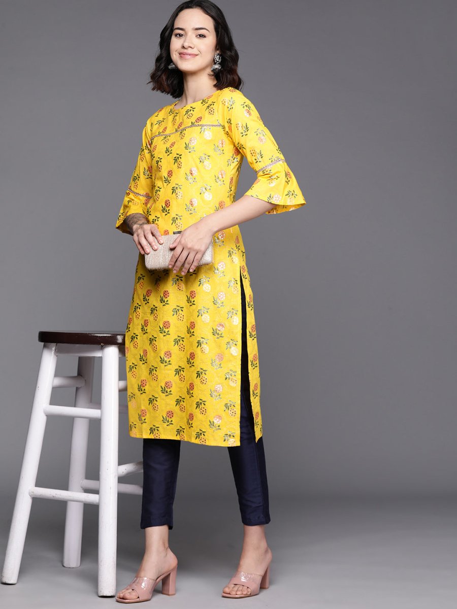 Ahalyaa Floral Printed Zari Bell Sleeves Pure Cotton Kurta | Grocsy