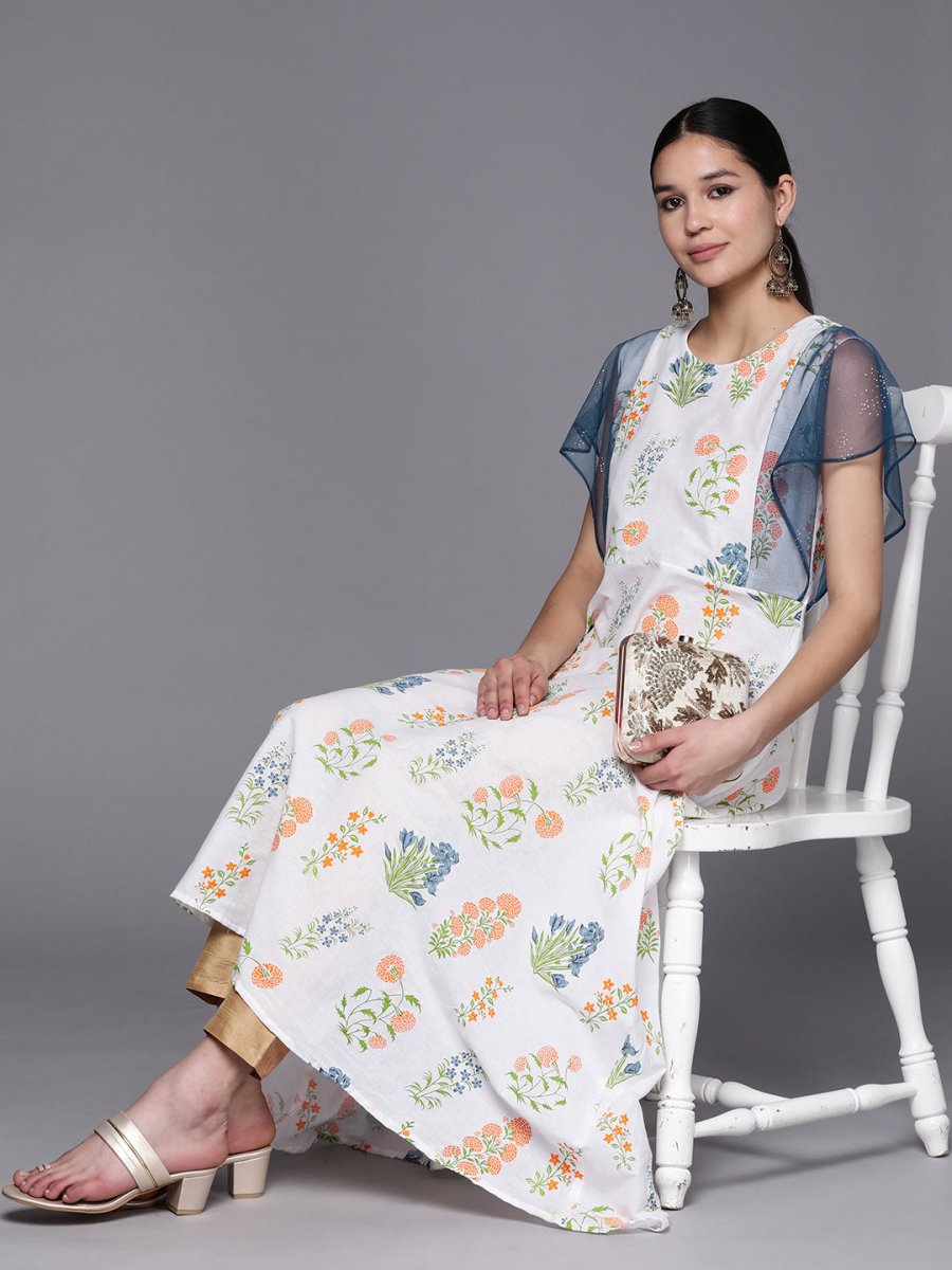 Ahalyaa Women White & Blue Printed A-Line Kurta | Grocsy