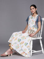 Ahalyaa Women White & Blue Printed A-Line Kurta | Grocsy