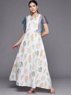 Ahalyaa Women White & Blue Printed A-Line Kurta | Grocsy