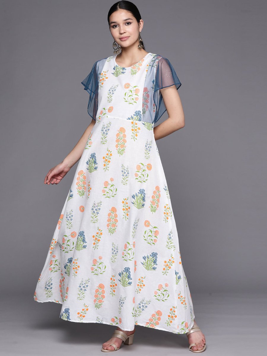 Ahalyaa Women White & Blue Printed A-Line Kurta | Grocsy