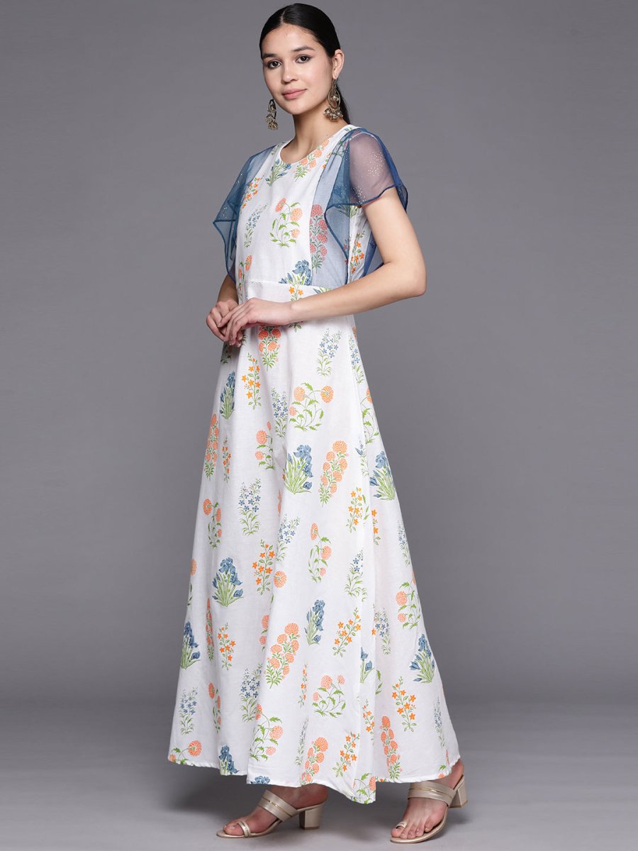Ahalyaa Women White & Blue Printed A-Line Kurta | Grocsy