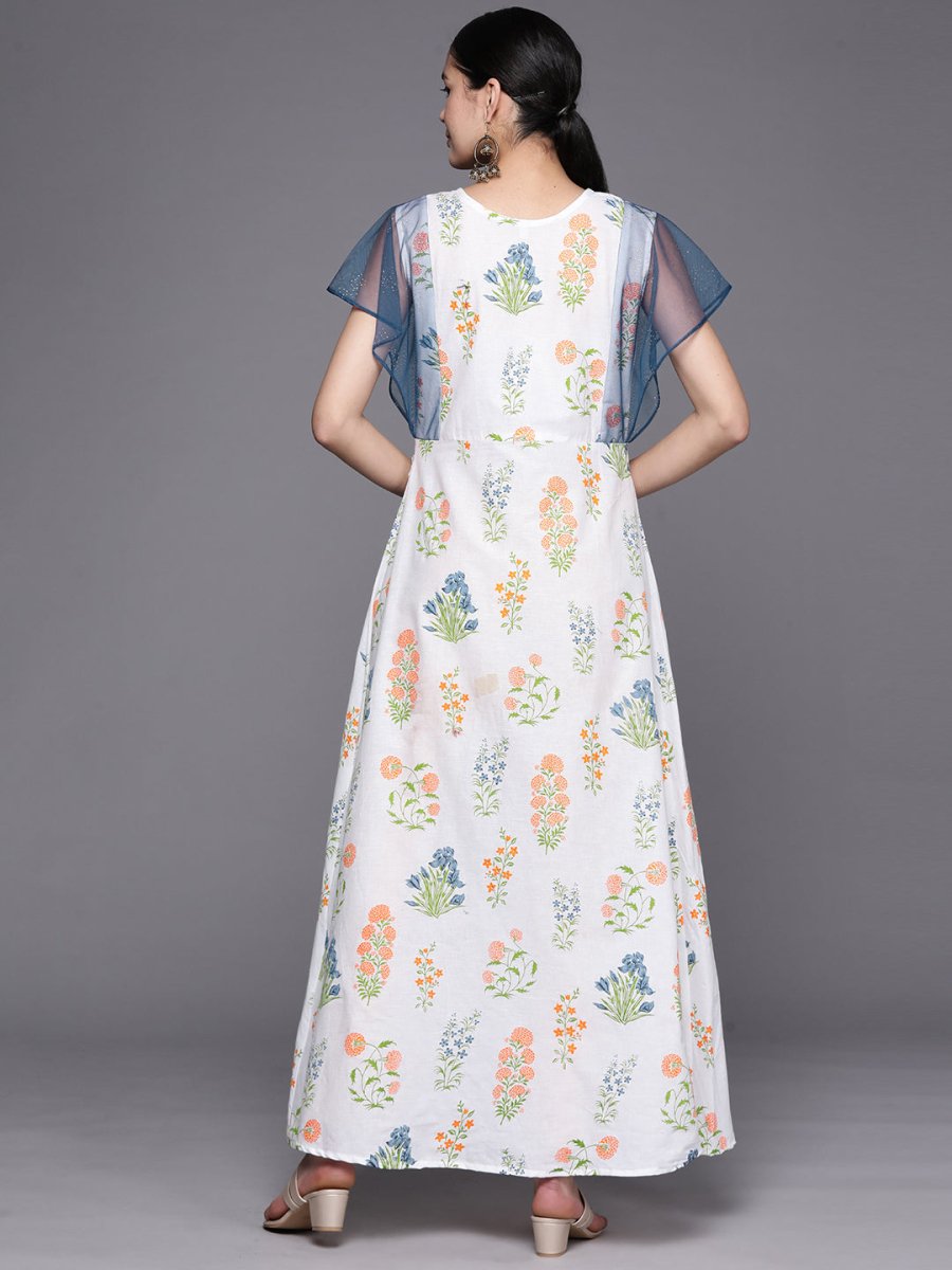Ahalyaa Women White & Blue Printed A-Line Kurta | Grocsy