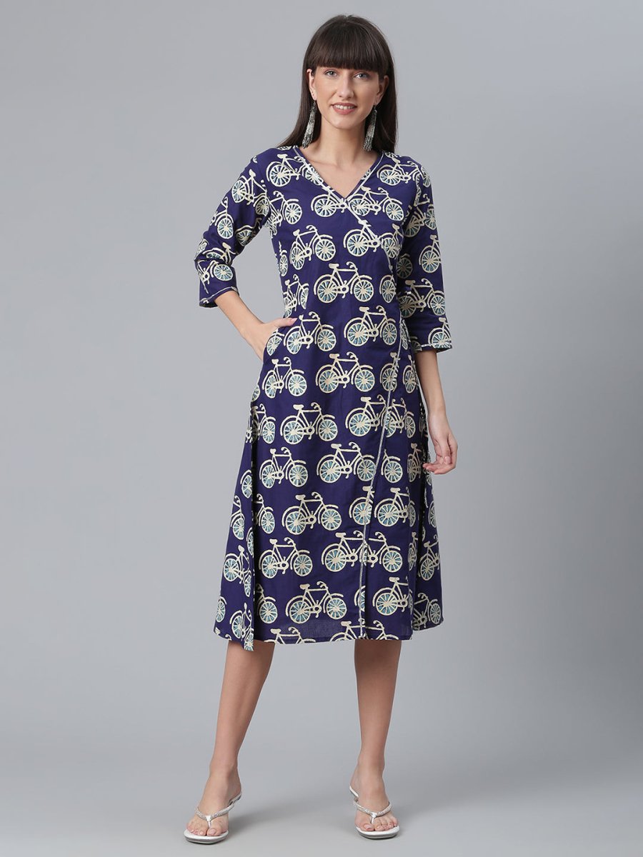 Ahalyaa Women Navy Blue & Off White Pure Cotton Printed Angrakha Beautiful Kurta | Grocsy