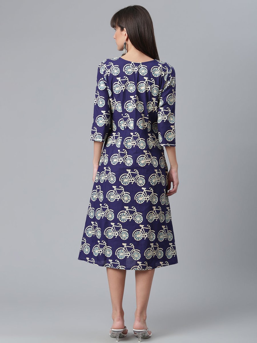 Ahalyaa Women Navy Blue & Off White Pure Cotton Printed Angrakha Beautiful Kurta | Grocsy