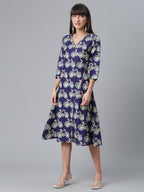 Ahalyaa Women Navy Blue & Off White Pure Cotton Printed Angrakha Beautiful Kurta | Grocsy