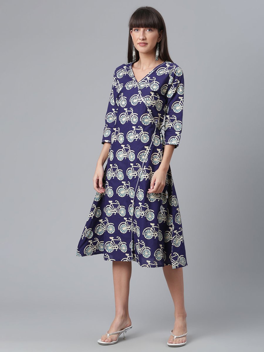 Ahalyaa Women Navy Blue & Off White Pure Cotton Printed Angrakha Beautiful Kurta | Grocsy