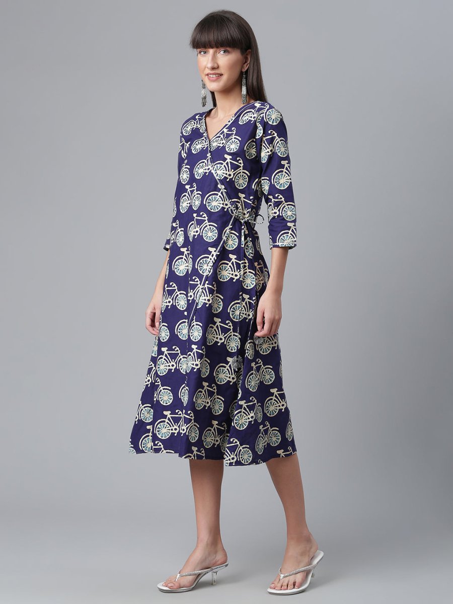 Ahalyaa Women Navy Blue & Off White Pure Cotton Printed Angrakha Beautiful Kurta | Grocsy