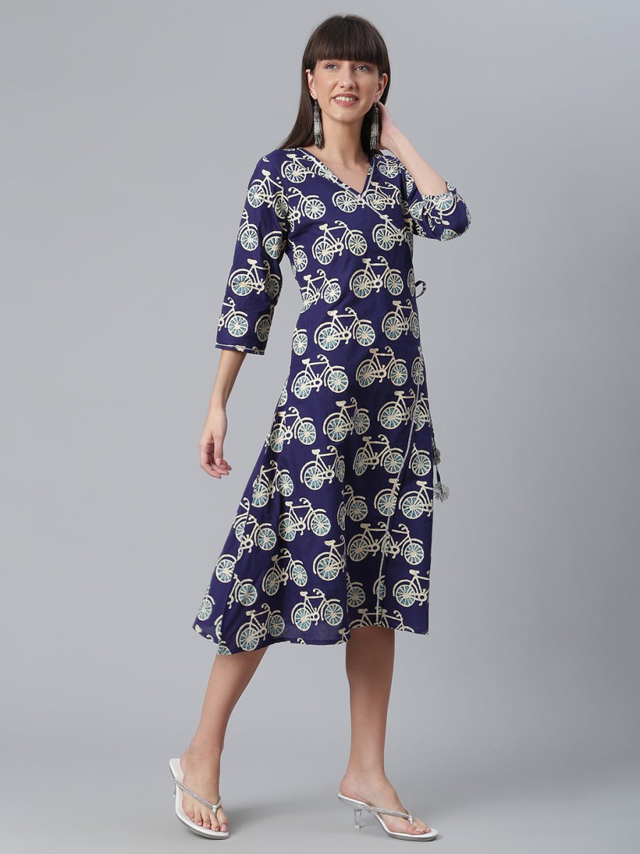 Ahalyaa Women Navy Blue & Off White Pure Cotton Printed Angrakha Beautiful Kurta | Grocsy