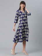 Ahalyaa Women Navy Blue & Off White Pure Cotton Printed Angrakha Beautiful Kurta | Grocsy