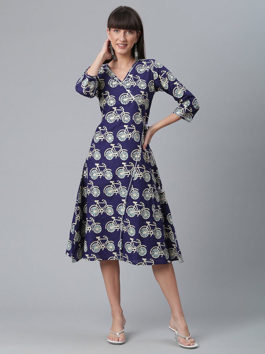Ahalyaa Women Navy Blue & Off White Pure Cotton Printed Angrakha Beautiful Kurta | Grocsy