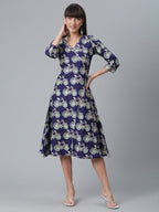 Ahalyaa Women Navy Blue & Off White Pure Cotton Printed Angrakha Beautiful Kurta | Grocsy