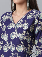 Ahalyaa Women Navy Blue & Off White Pure Cotton Printed Angrakha Beautiful Kurta | Grocsy