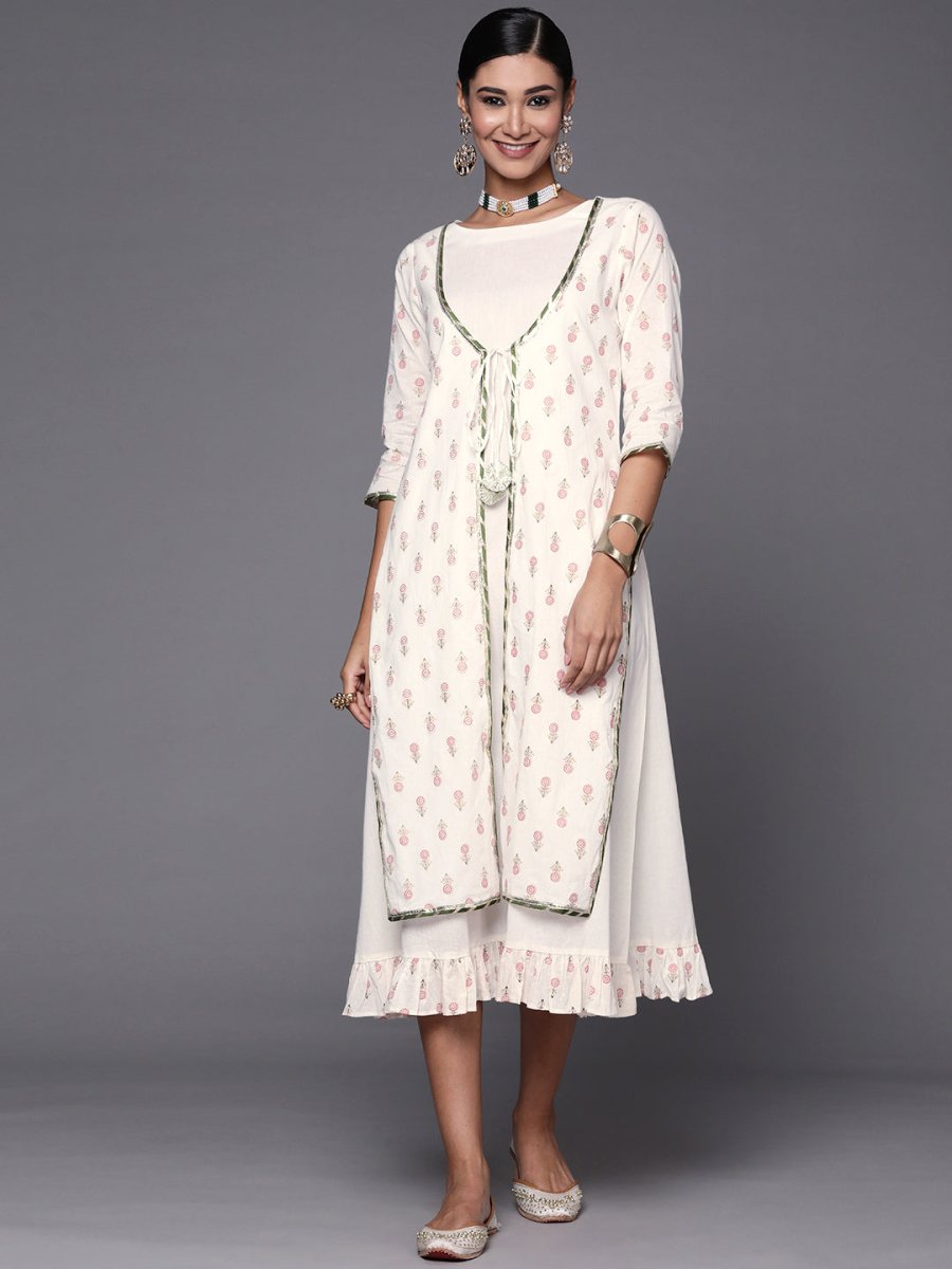 Ahalyaa Off White & Pink Floral Print A-Line Midi Dress | Grocsy