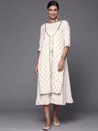 Ahalyaa Off White & Pink Floral Print A-Line Midi Dress | Grocsy