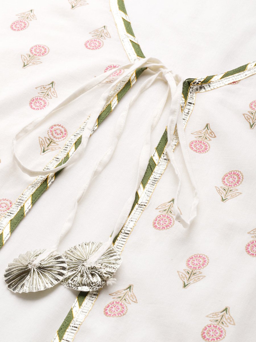 Ahalyaa Off White & Pink Floral Print A-Line Midi Dress | Grocsy