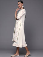 Ahalyaa Off White & Pink Floral Print A-Line Midi Dress | Grocsy