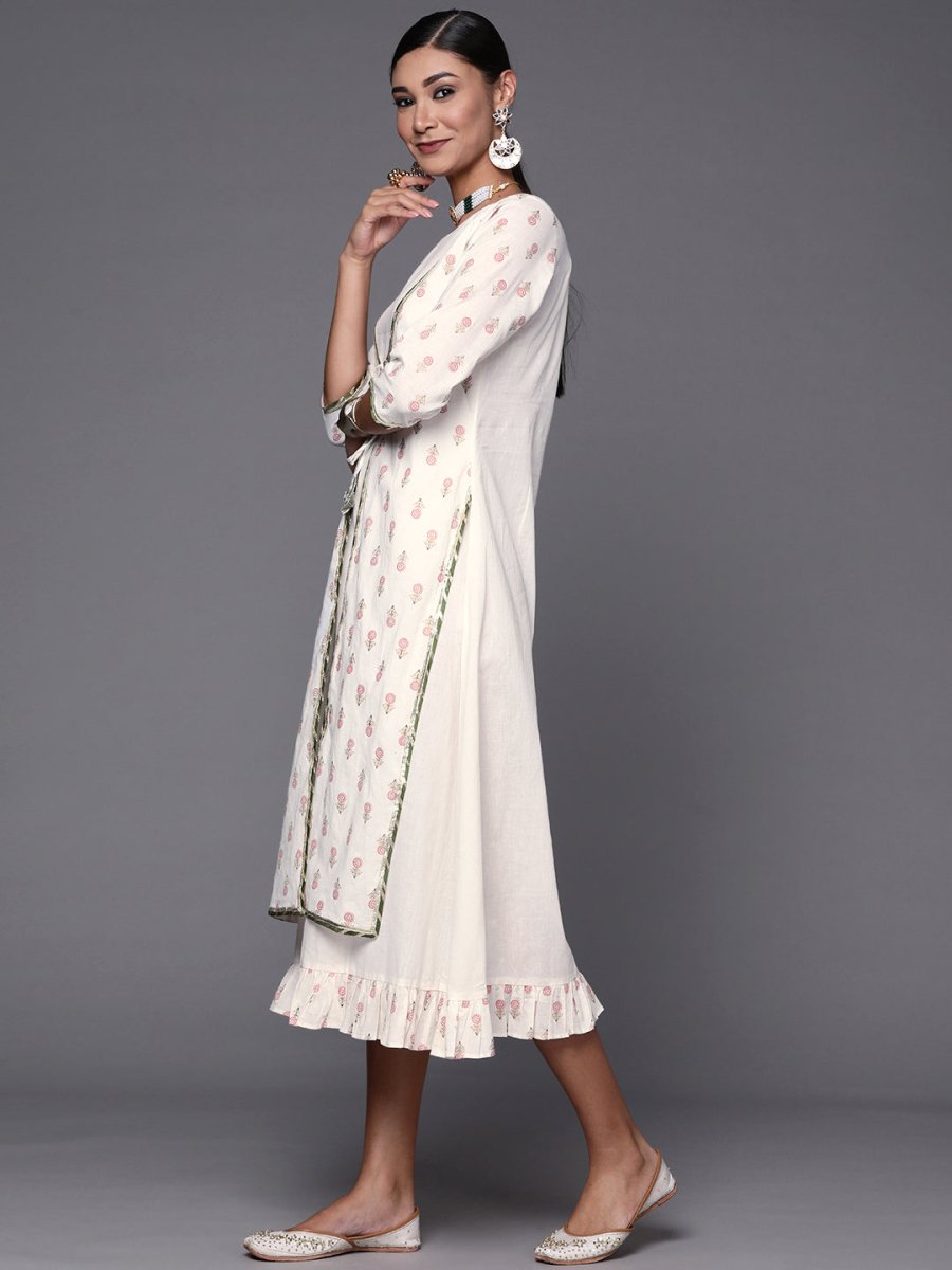 Ahalyaa Off White & Pink Floral Print A-Line Midi Dress | Grocsy
