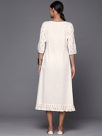Ahalyaa Off White & Pink Floral Print A-Line Midi Dress | Grocsy
